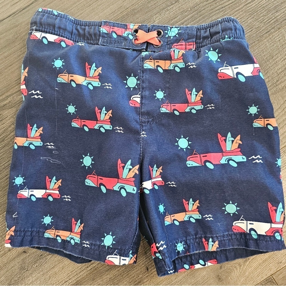Kid's sz 4T Navy Blue Car Surfboard Print Swim Trunks Mesh Lined